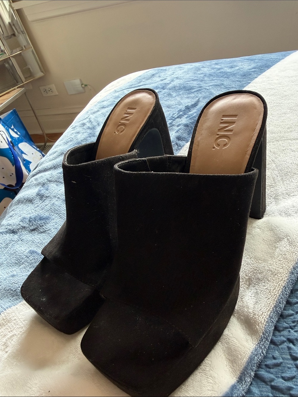 INC International Concepts Black Suede Open-Back Block Heel Mules